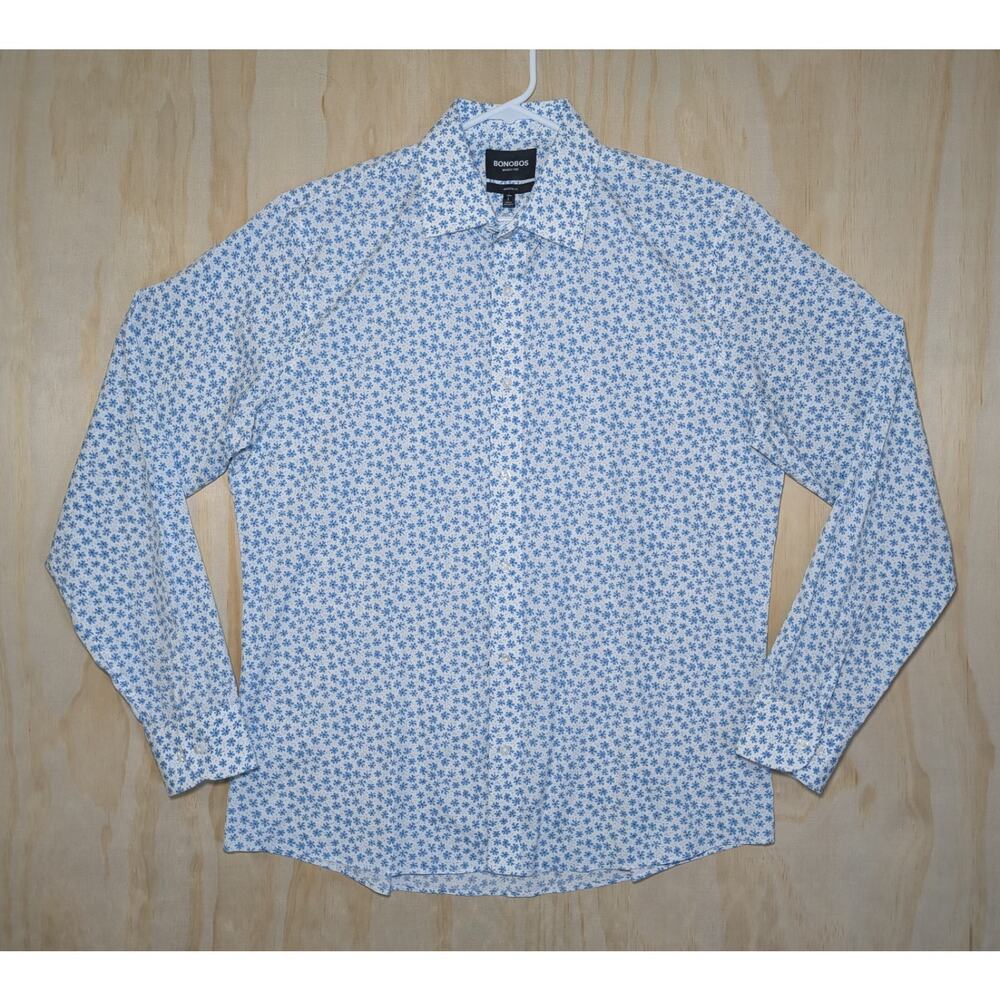 Bonobos Mens Large Long Athletic Fit Blue Floral Wrinkle Free Long Sleeve Button
